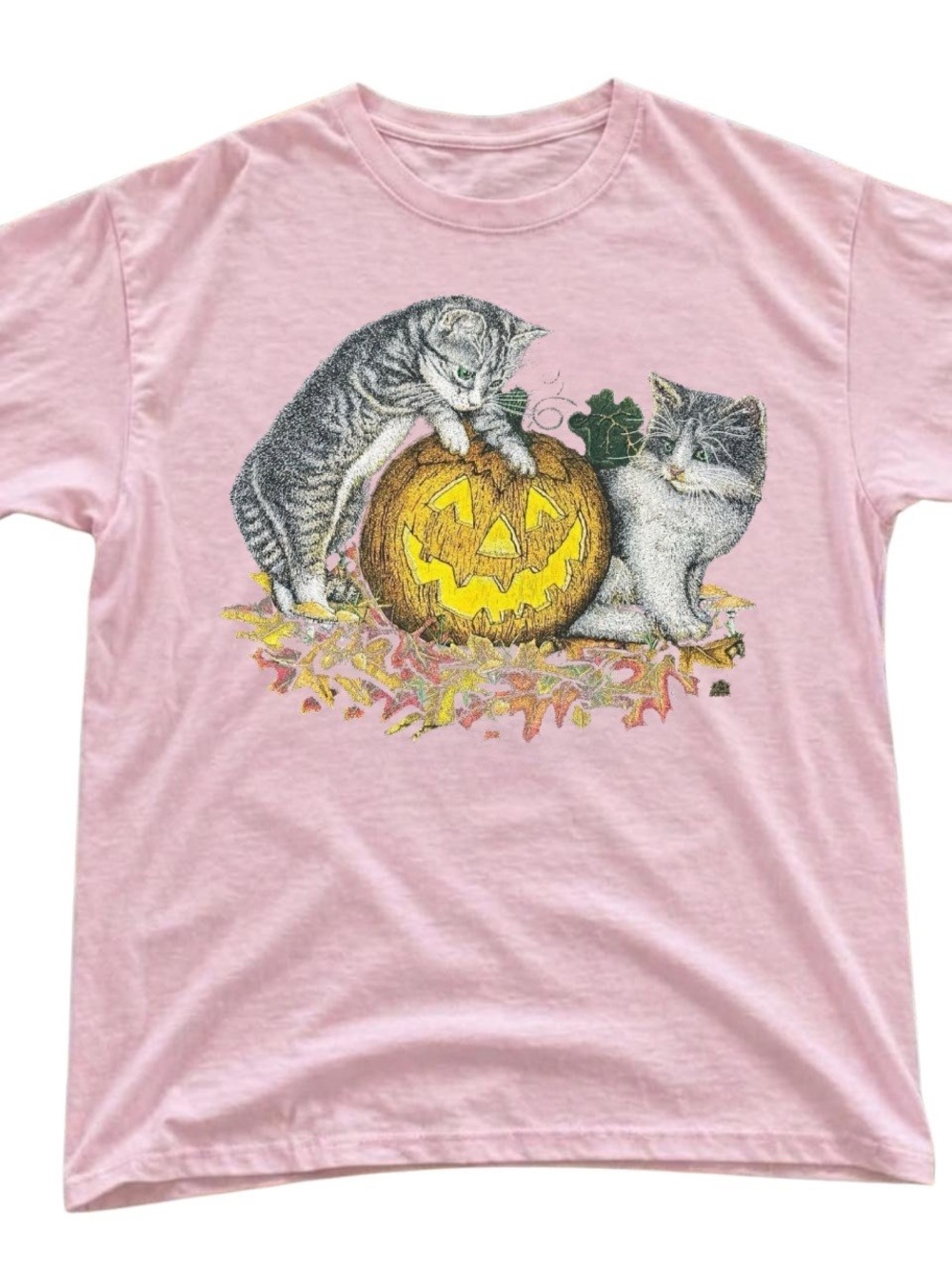 Gildan Pink Short Sleeve Tee with Kittens & Jack-O'-Lantern Print